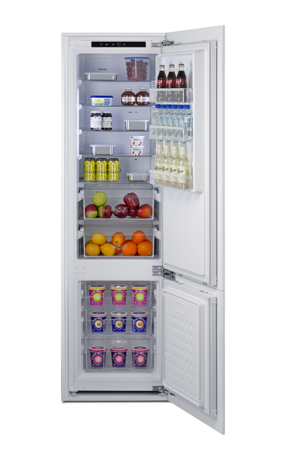 ENERGY STAR certified fully integrated bottom mount counter depth refrigerator-freezer with unfinished front to accept custom panels and fit 76 7/8